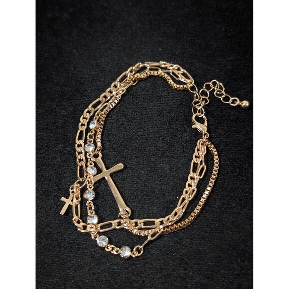 Gold Tone Rhinestone Cross Triple Chain Tennis Bracelet 8-9" - Picture 4 of 6